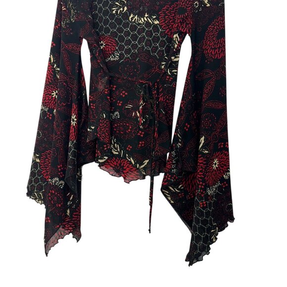MCM Y2K Vintage Women Black & Red Floral Goth Top SZ XL Bell Asymmetric Sleeve - Picture 12 of 16